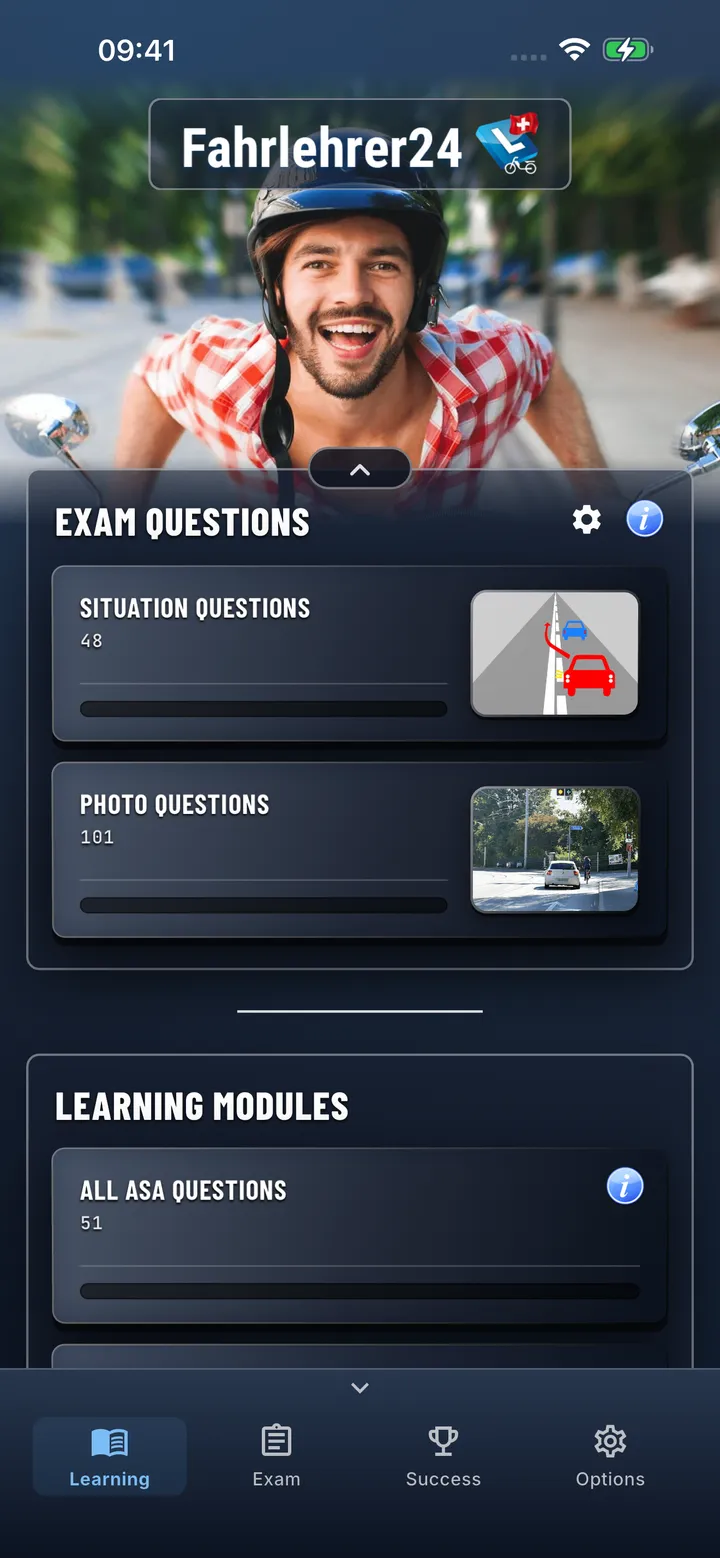 Moped Theory App – learning overview with test questions and study modules