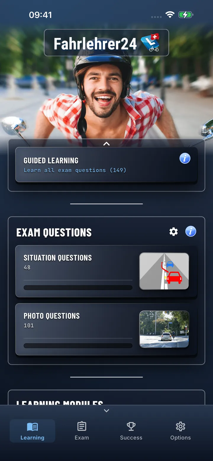 Moped Theory App – learning overview with test questions and study modules