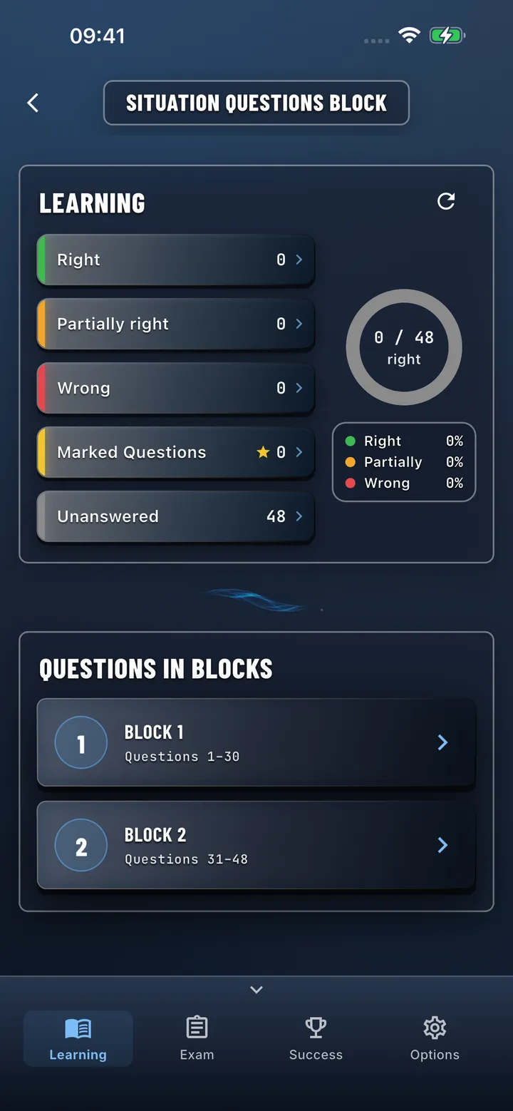 Moped Theory App – learning in blocks with progress indicator