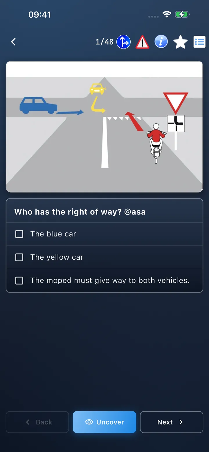 Moped Theory App – multiple-choice theory question with answers
