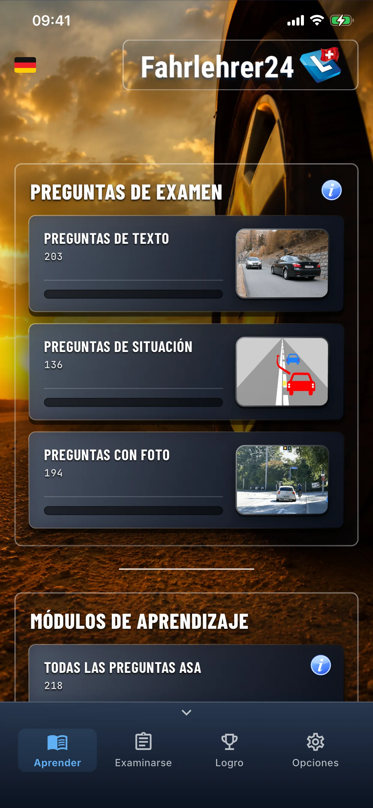 App de teoría del coche – aprendizaje individual en modo de estudio
