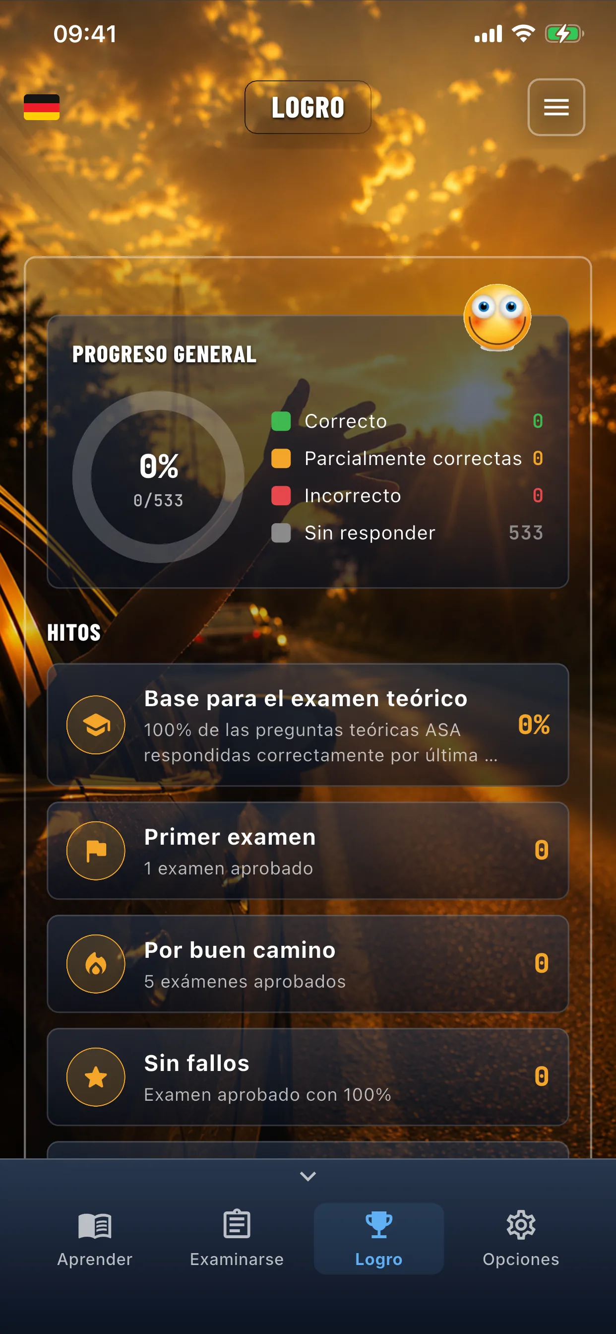 App de teoría del coche – examen aprobado, pantalla de éxito