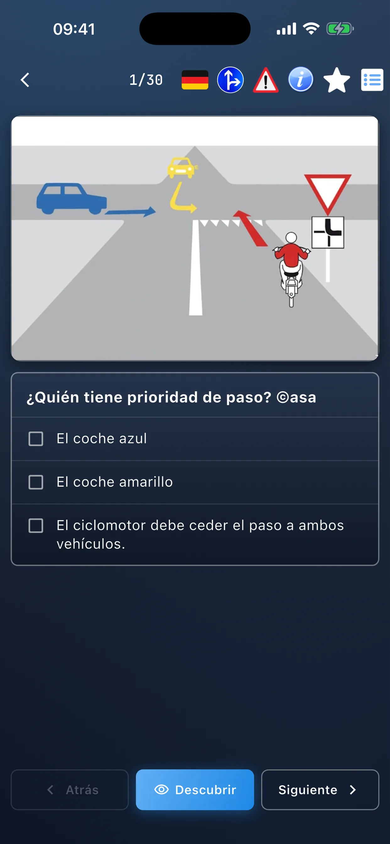 App de teoría del ciclomotor – pregunta de teoría de opción múltiple con respuestas