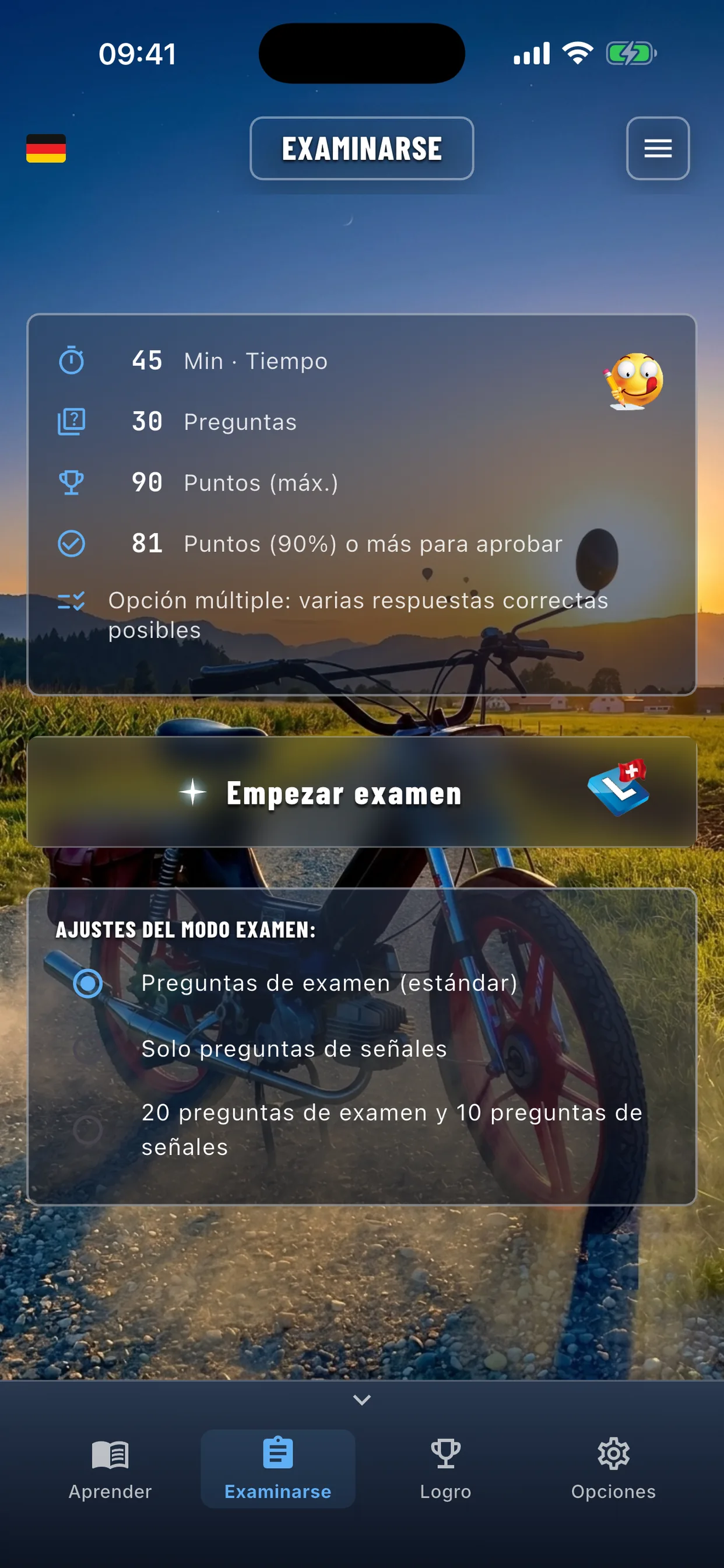 App de teoría del ciclomotor – simulación del examen en modo examen
