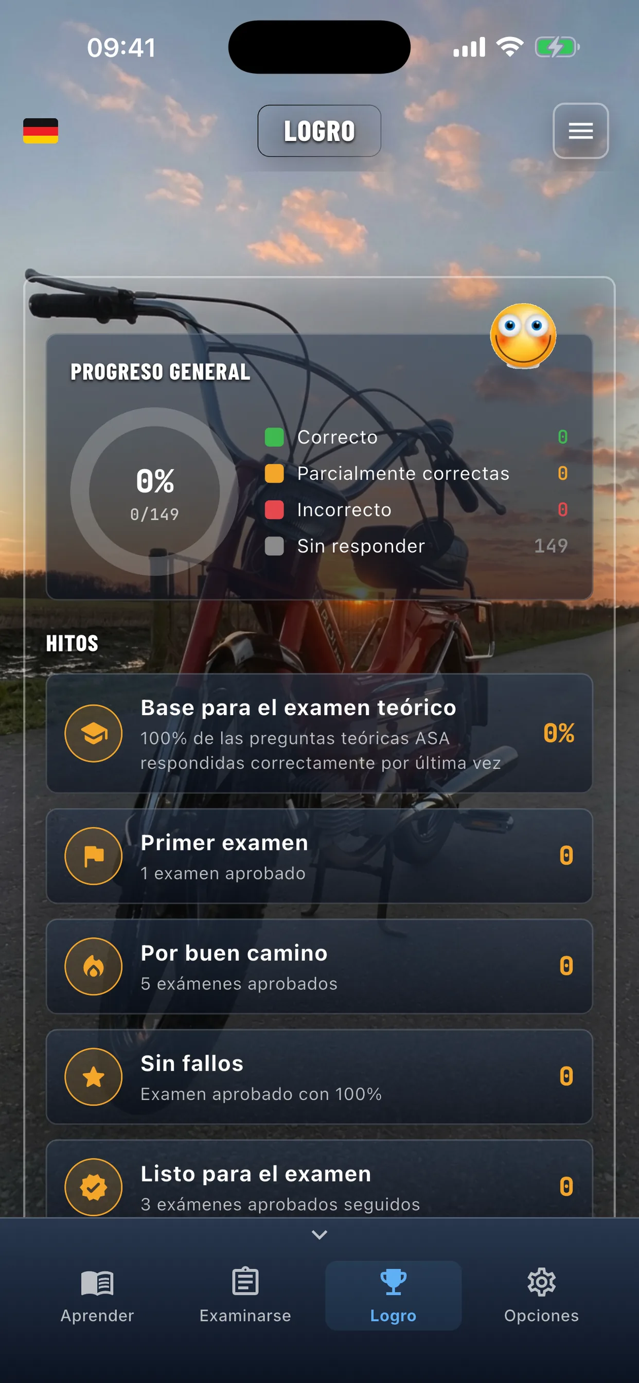 App de teoría del ciclomotor – examen aprobado, pantalla de éxito