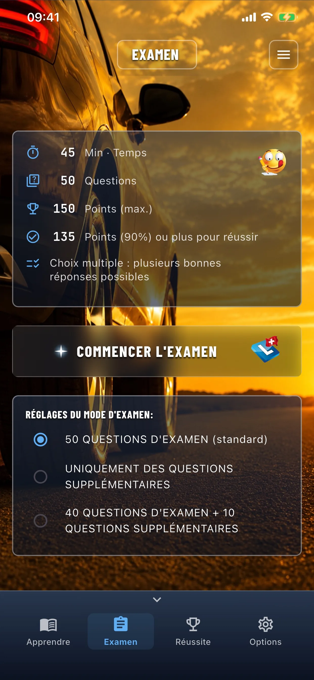 Appli théorie auto – simulation d'examen en mode examen