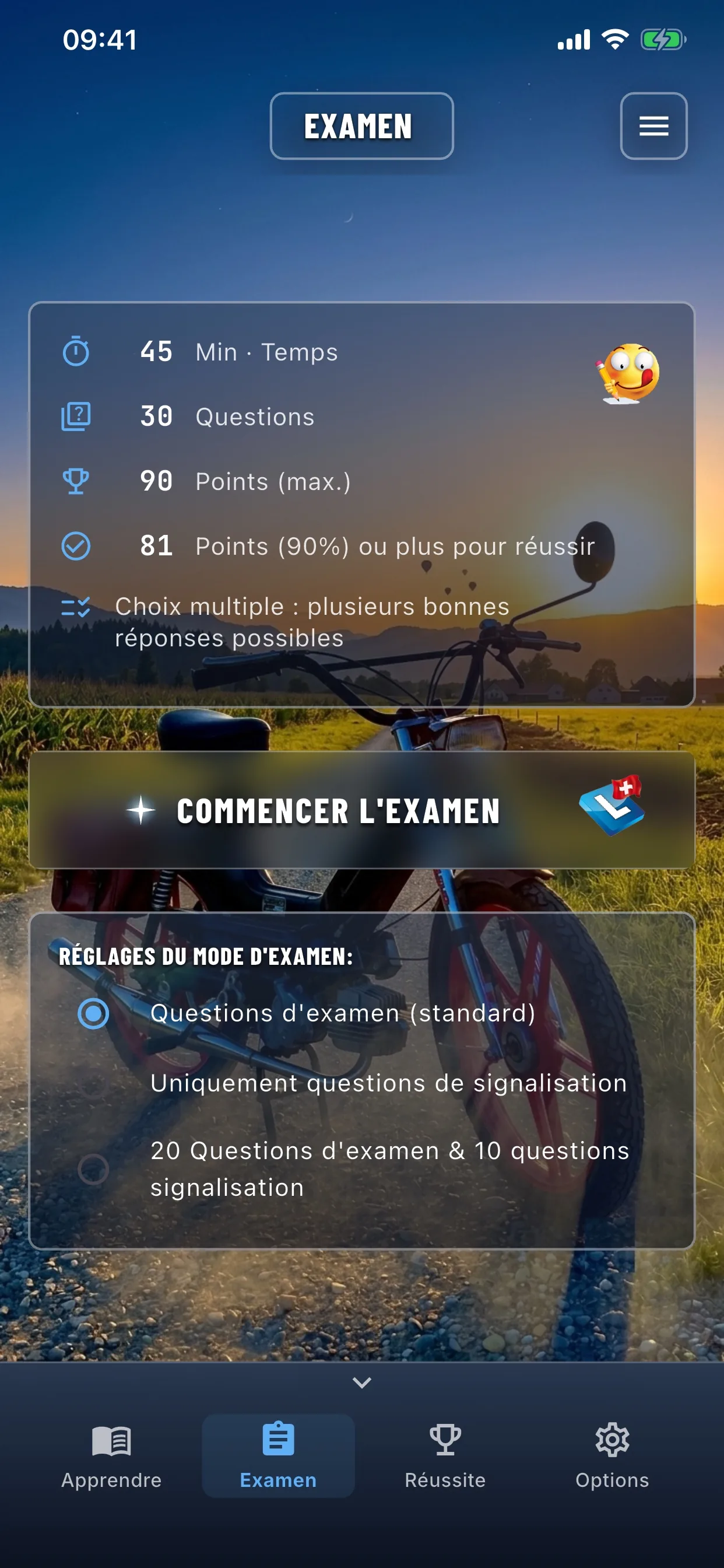 Appli théorie cyclomoteur – simulation d'examen en mode examen