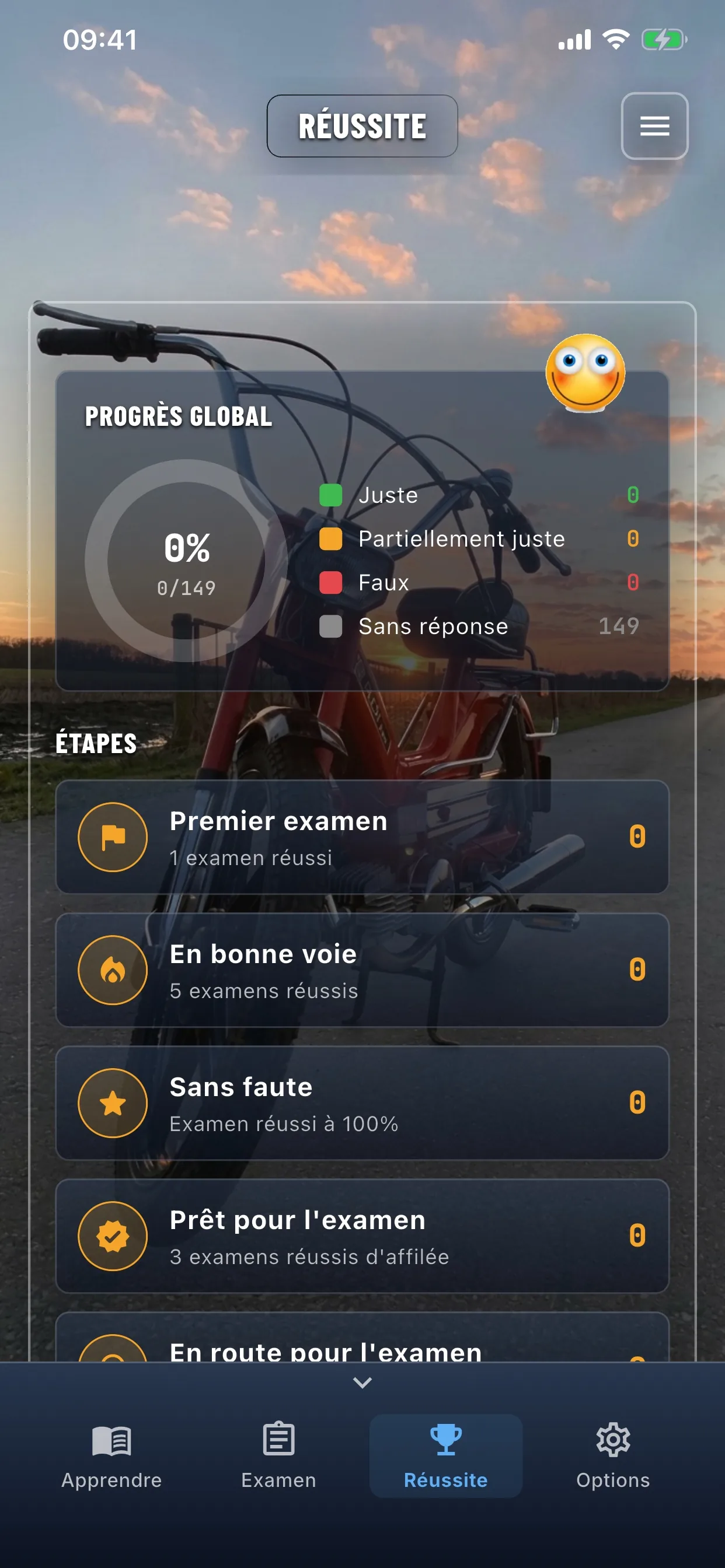 Appli théorie cyclomoteur – examen réussi – écran de réussite
