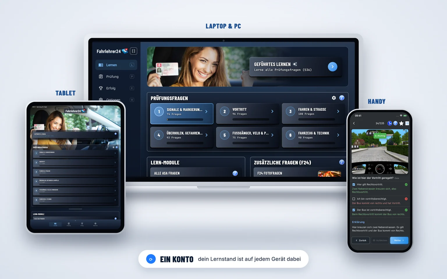 Auto-Theorie Web App auf Smartphone, Tablet, Laptop und Desktop – lernen auf allen Deinen Geräten