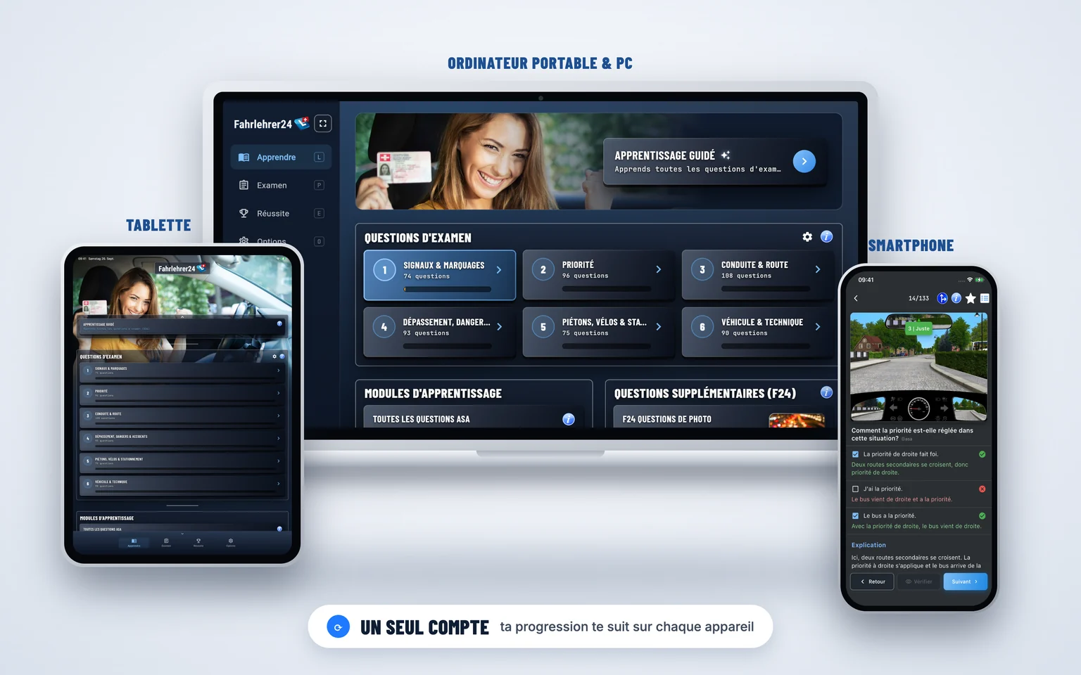 Web App de théorie auto sur smartphone, tablette, ordinateur portable et bureau – apprendre sur tous tes appareils
