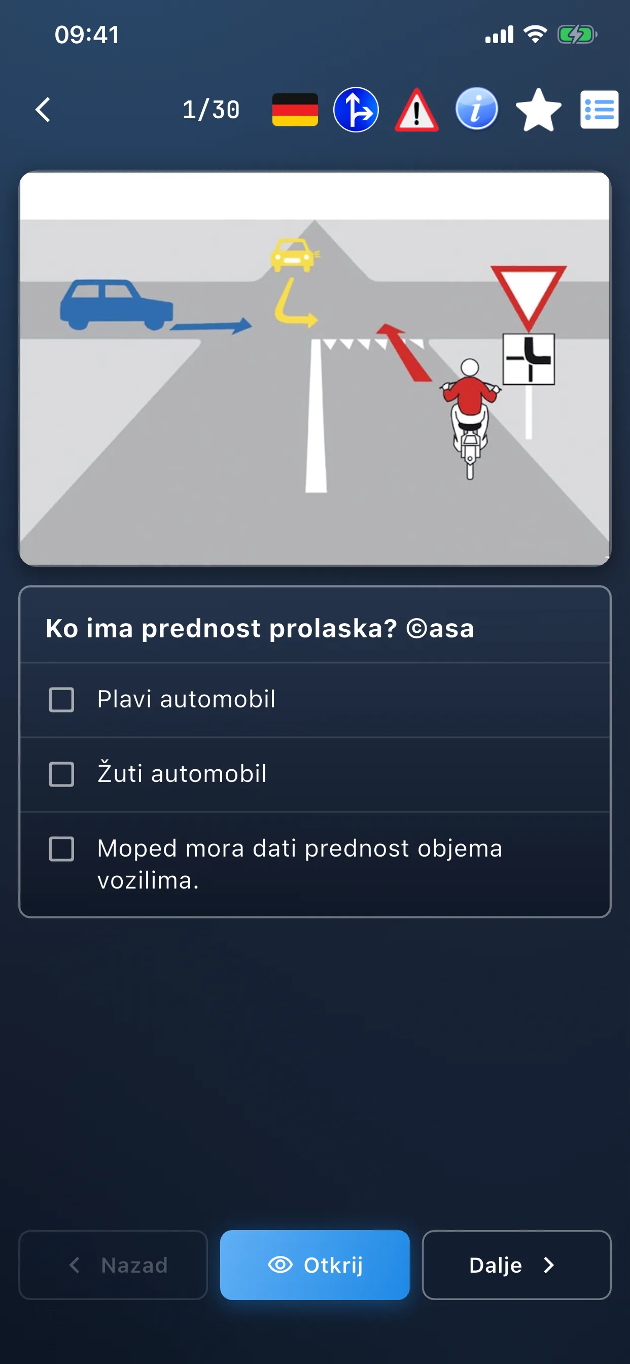 Aplikacija za teoriju mopeda – teorijsko pitanje s višestrukim izborom i odgovorima