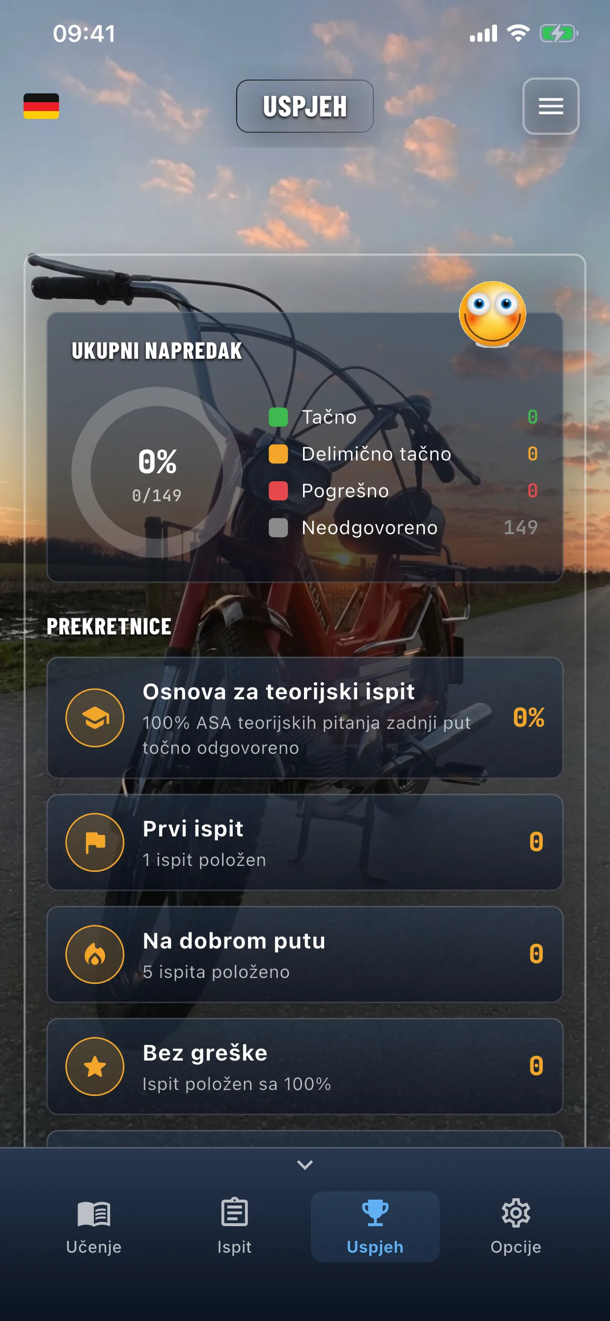 Aplikacija za teoriju mopeda – ispit položen, zaslon uspjeha