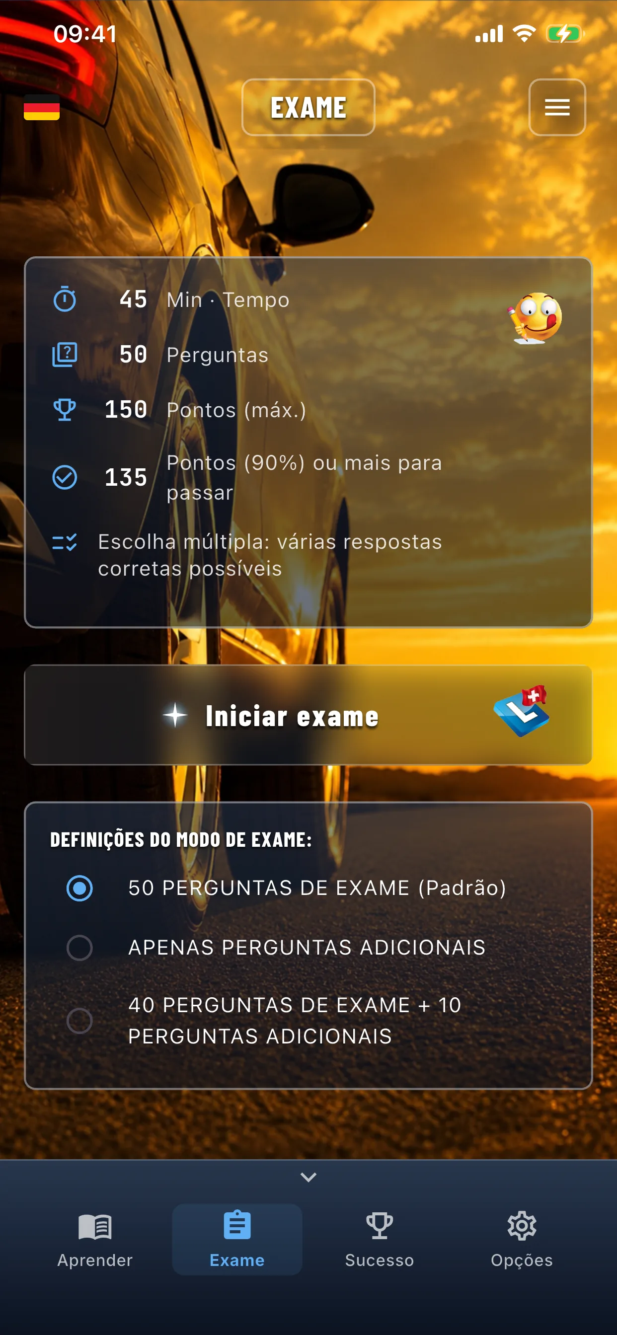 App de teoria de carro – simulação do exame em modo exame