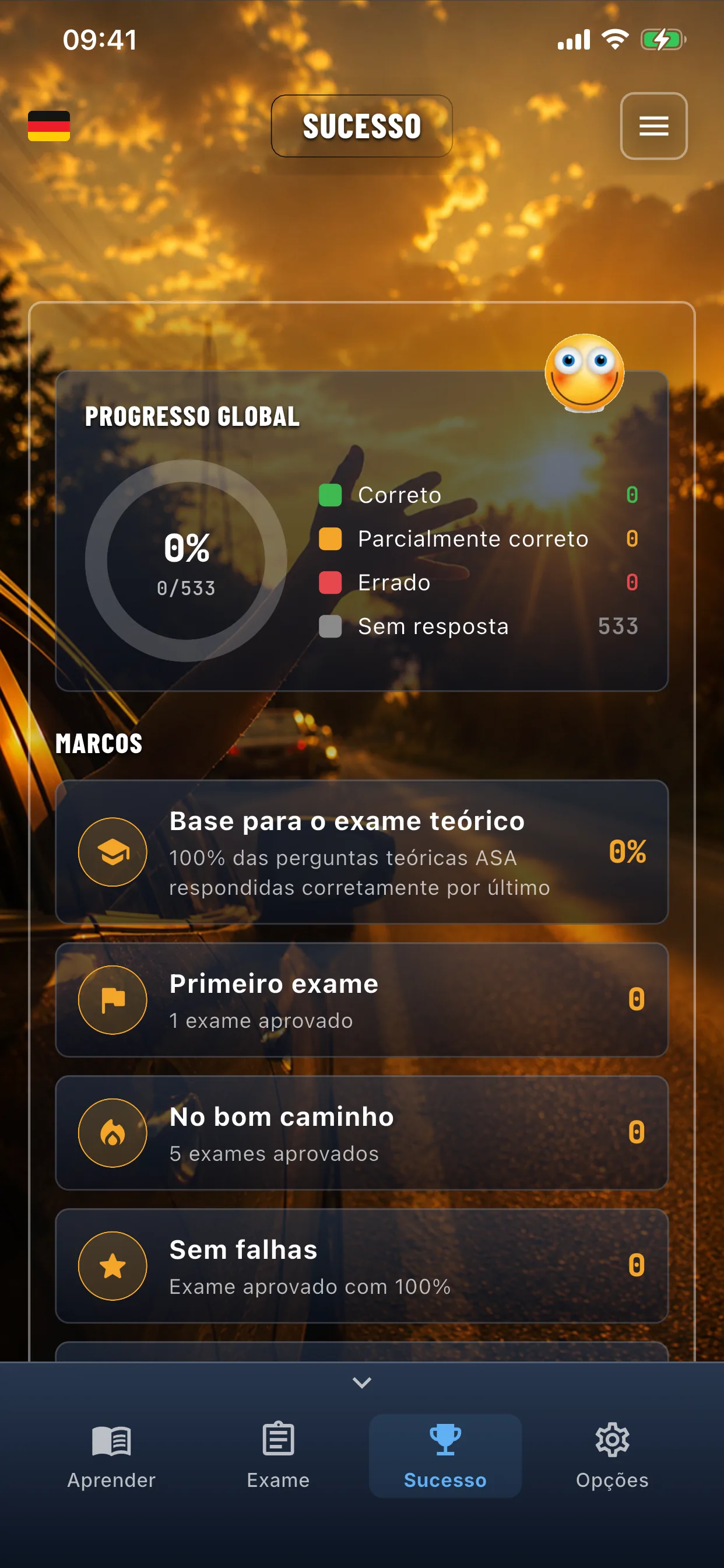 App de teoria de carro – exame aprovado, ecrã de sucesso