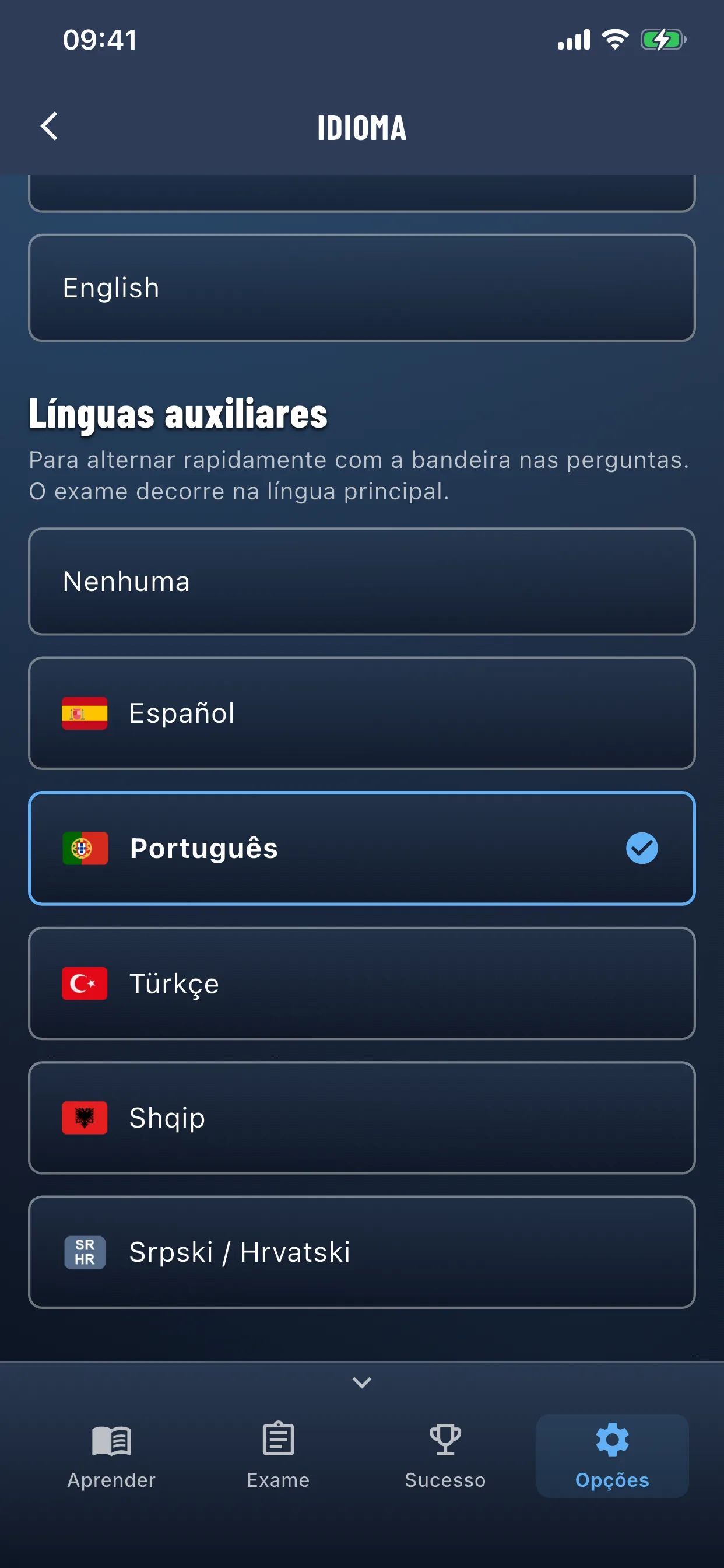 App de teoria de carro – idiomas disponíveis na aplicação