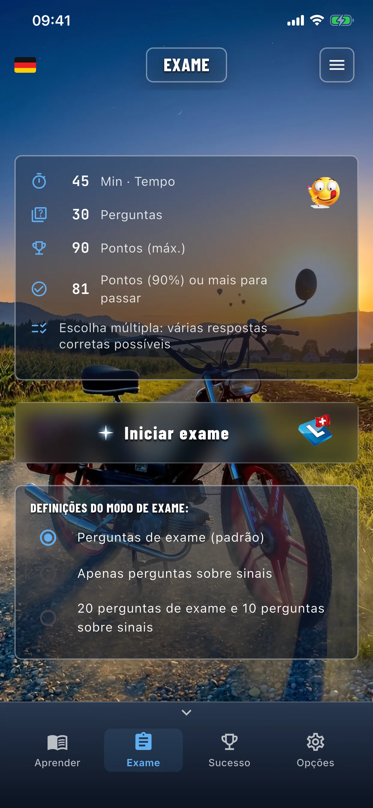 App de teoria do ciclomotor – simulação do exame em modo exame