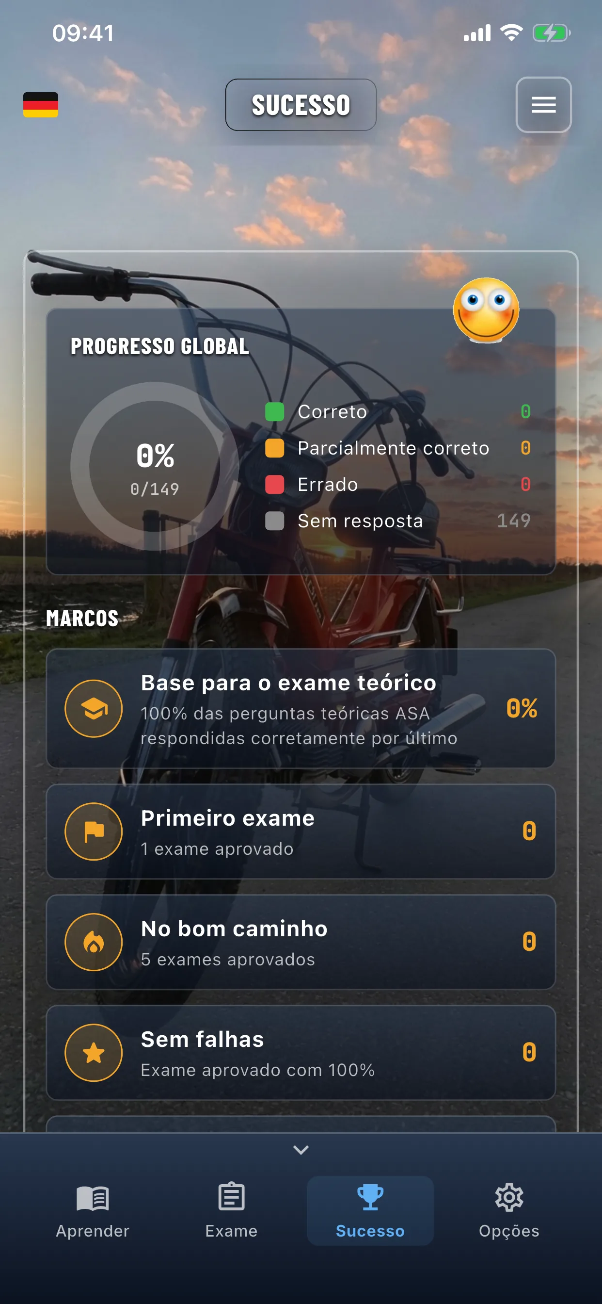 App de teoria do ciclomotor – exame aprovado, ecrã de sucesso