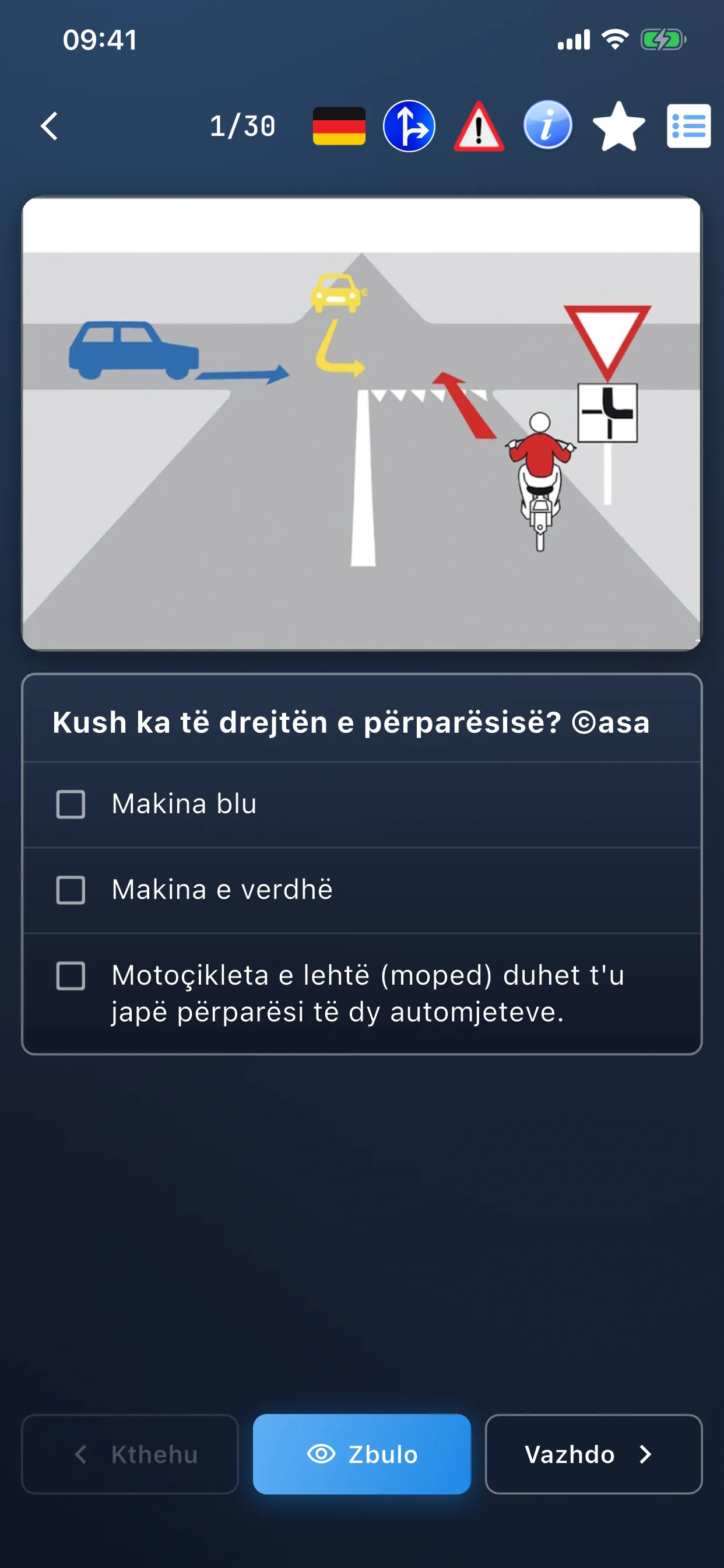 Aplikacioni i teorisë së mopedit – pyetje teorie me zgjedhje të shumëfishtë me përgjigje