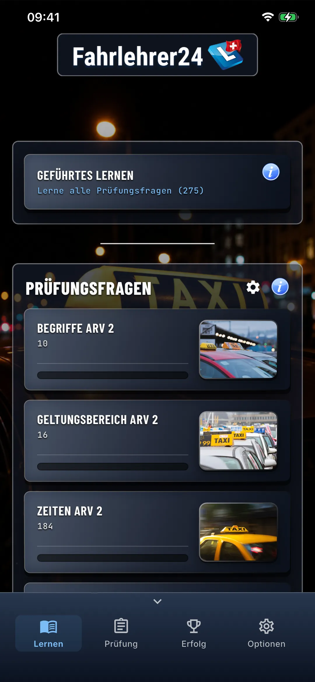 Taxi-Theorie-App – Übersicht der Prüfungsfragen nach Themen