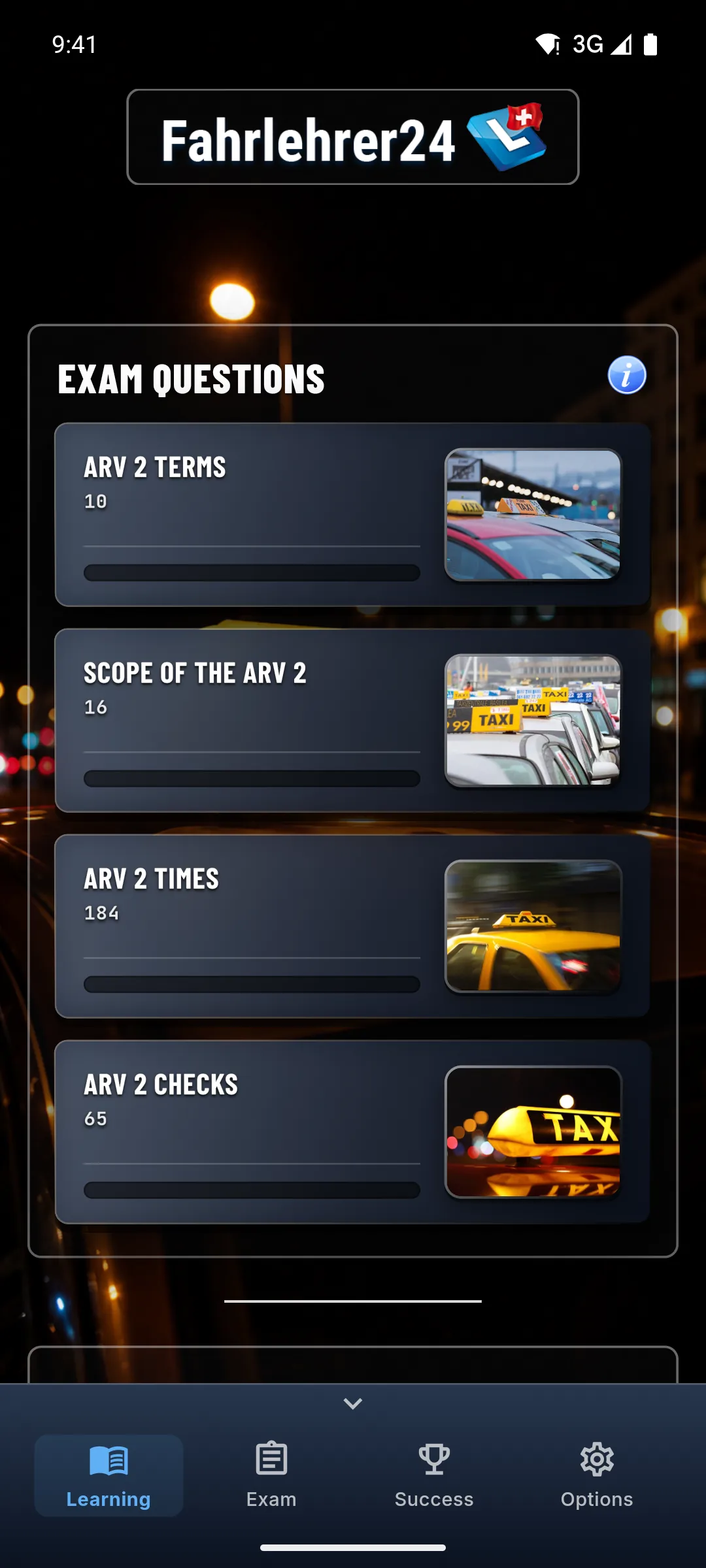 Taxi theory app – individual learning in learning mode