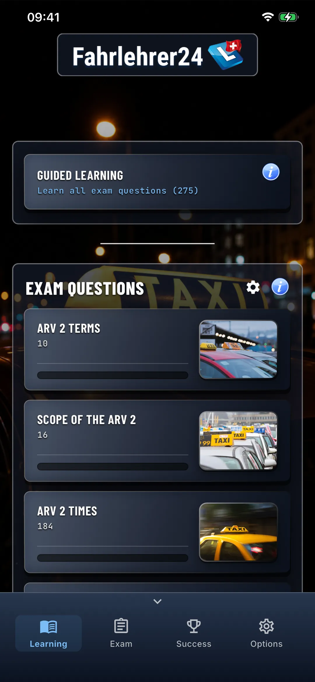 Taxi theory app – individual learning in learning mode