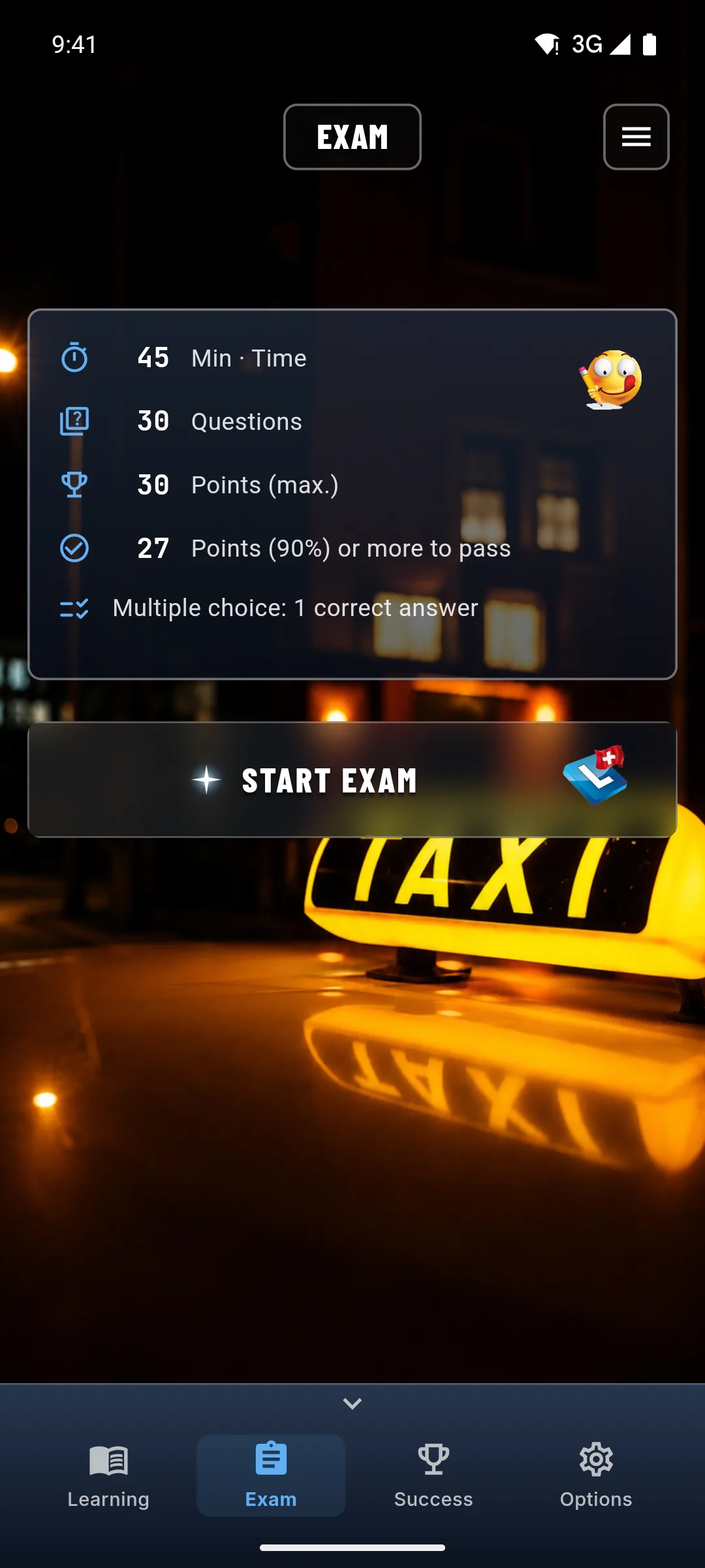 Taxi theory app – exam simulation start screen