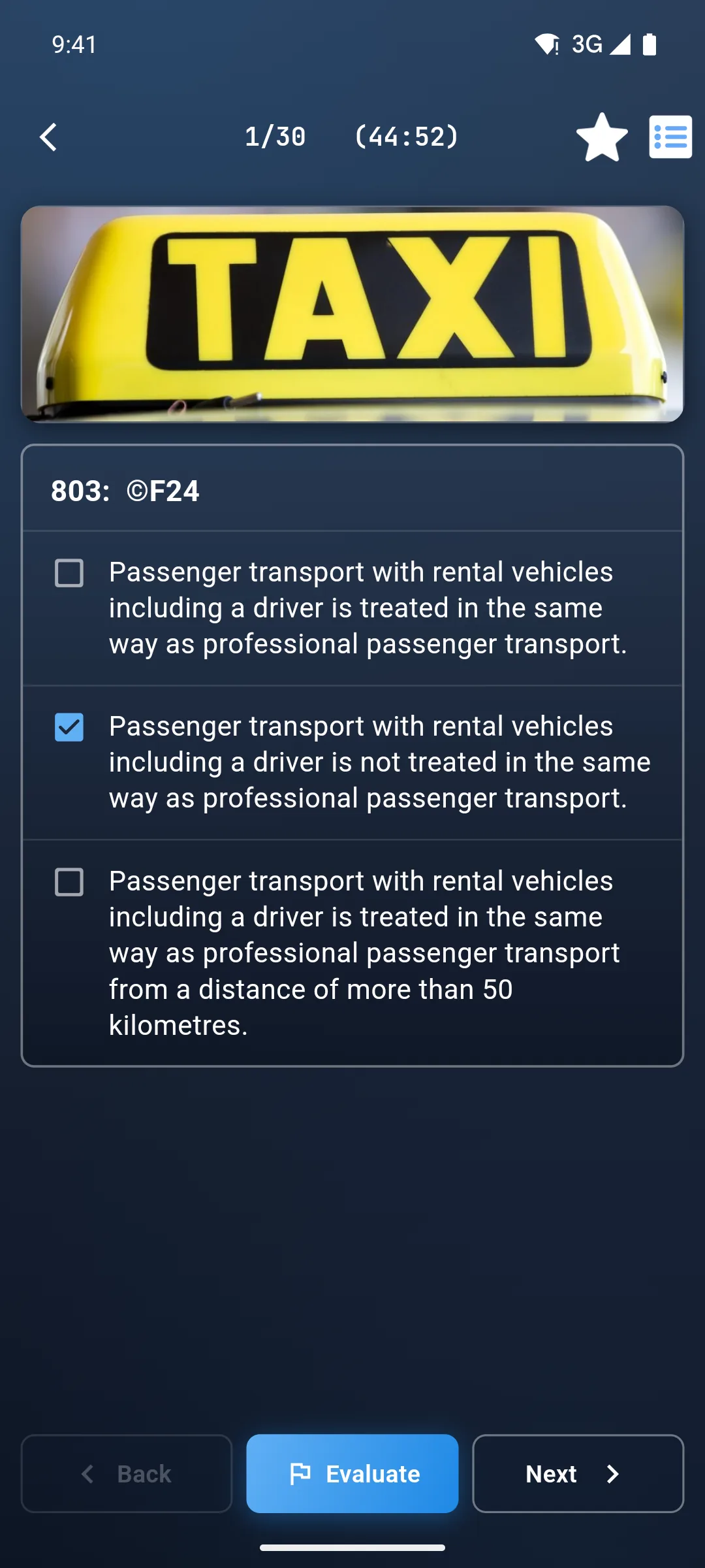 Taxi theory app – multiple-choice theory question with answers
