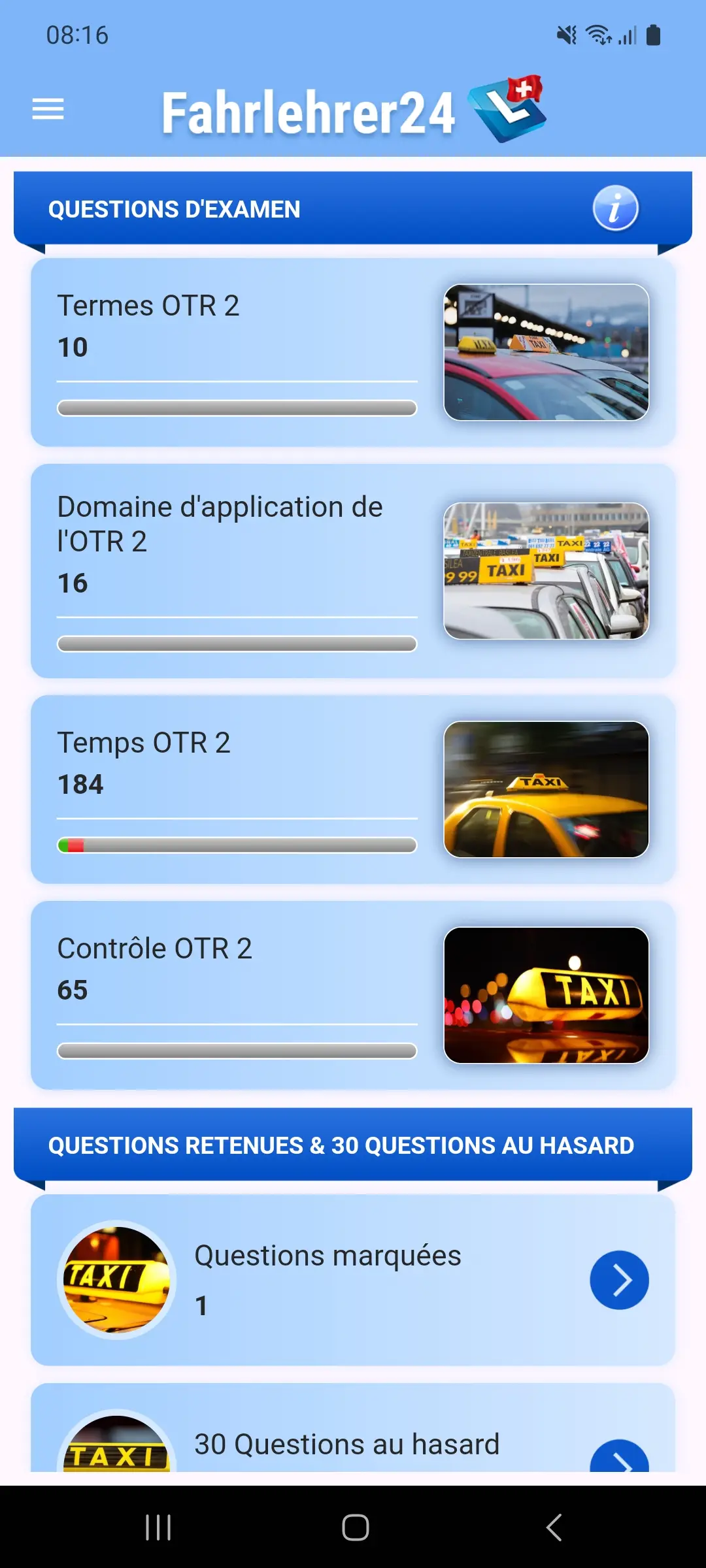 Appli théorie taxi – aperçu des questions d'examen par thème