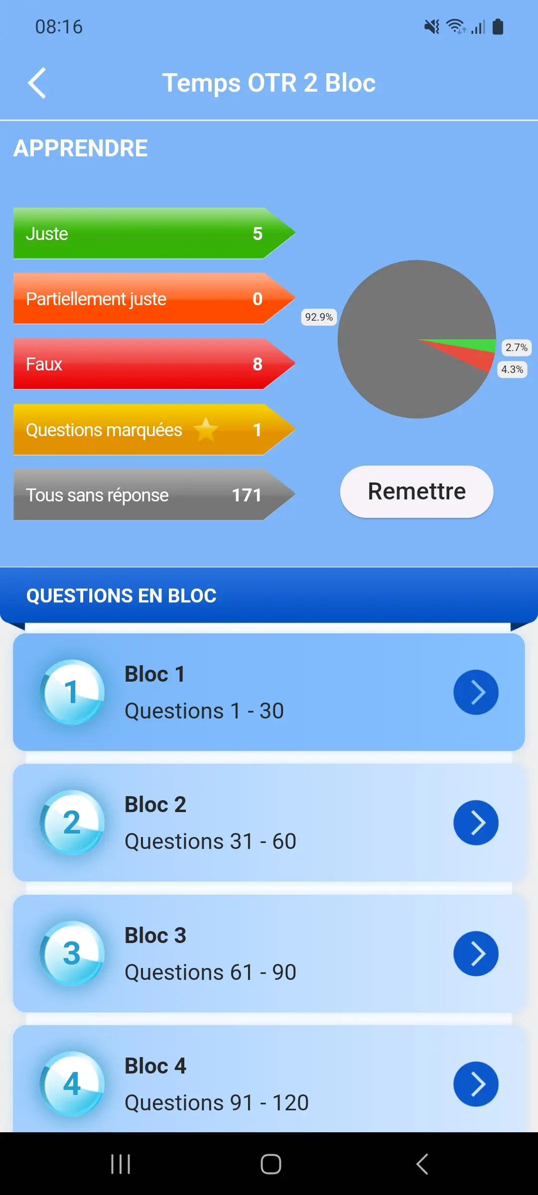 Appli théorie taxi – progression et blocs de questions