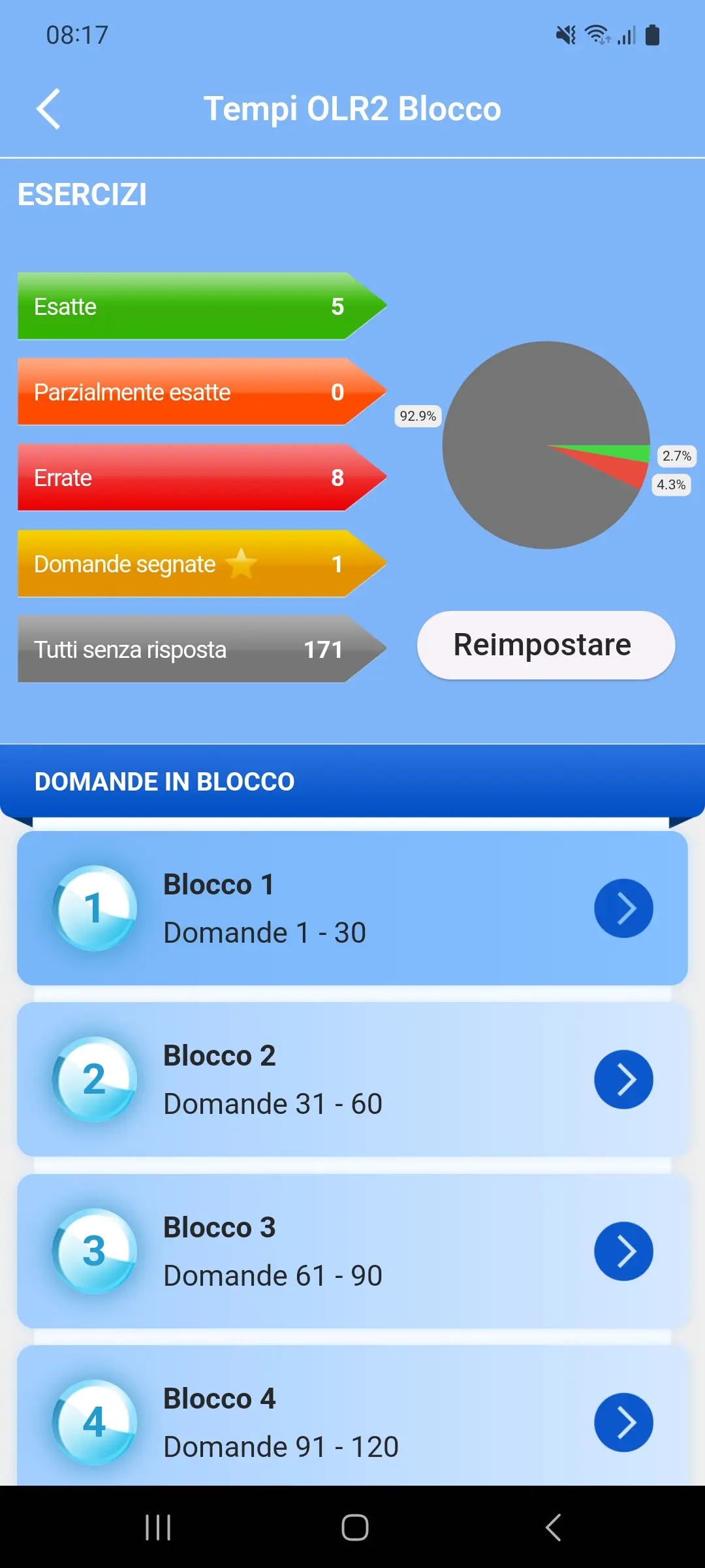 App teoria taxi – progressi e blocchi di domande
