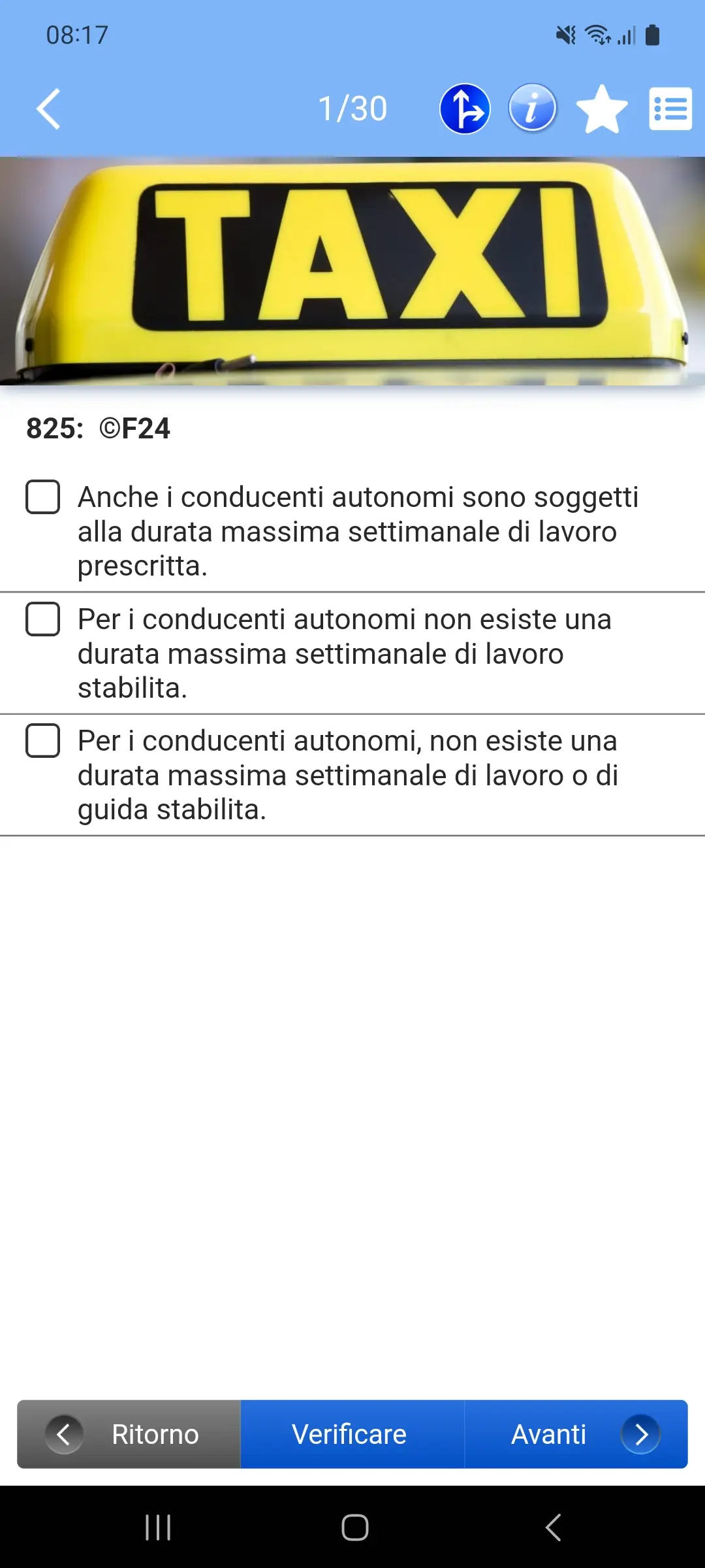 App teoria taxi – domanda a scelta multipla con risposte