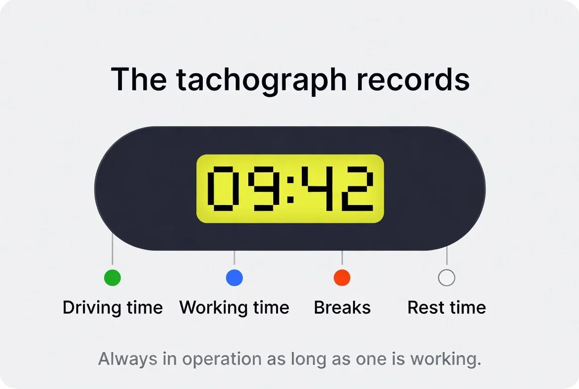 The tachograph records driving time, working time, breaks and rest time