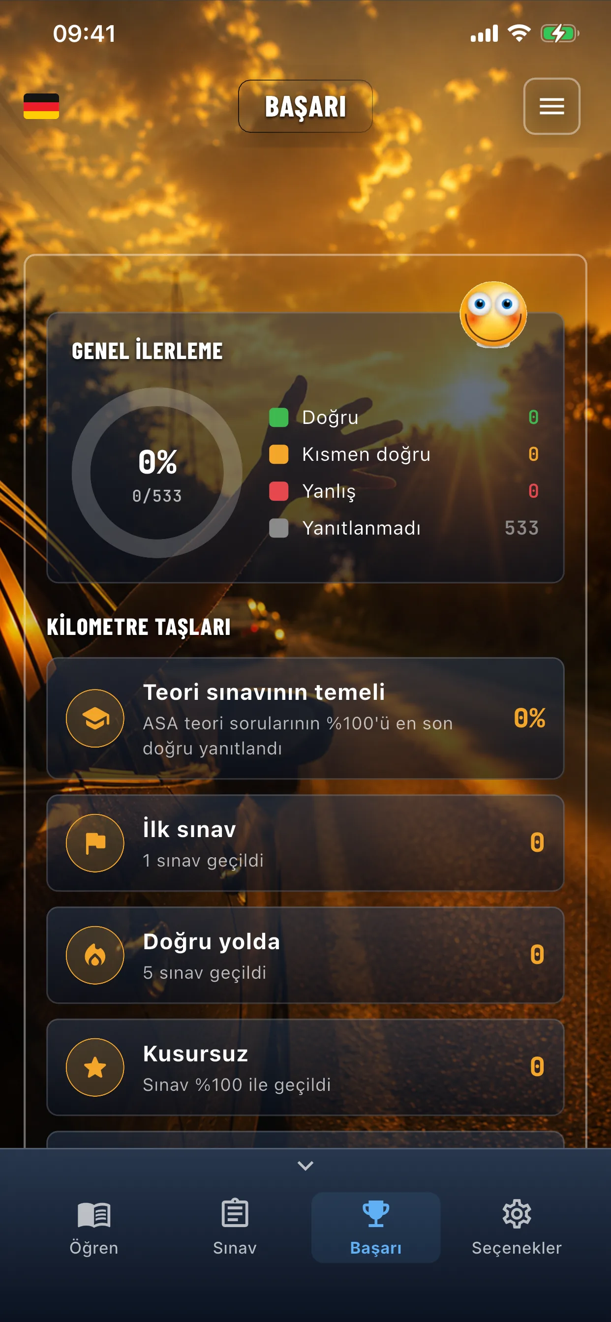 Oto teori uygulaması – sınav geçildi, başarı ekranı